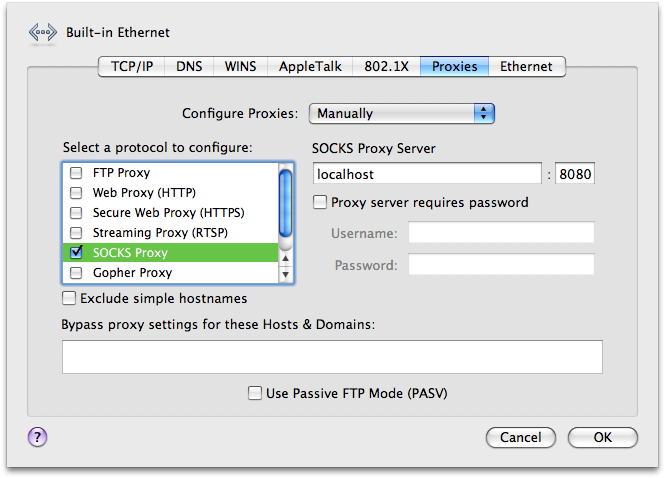 System Preferences SOCKS configuration